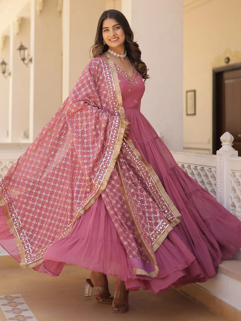 Charming Dusty Pink Embroidered Georgette Function Wear Gown
