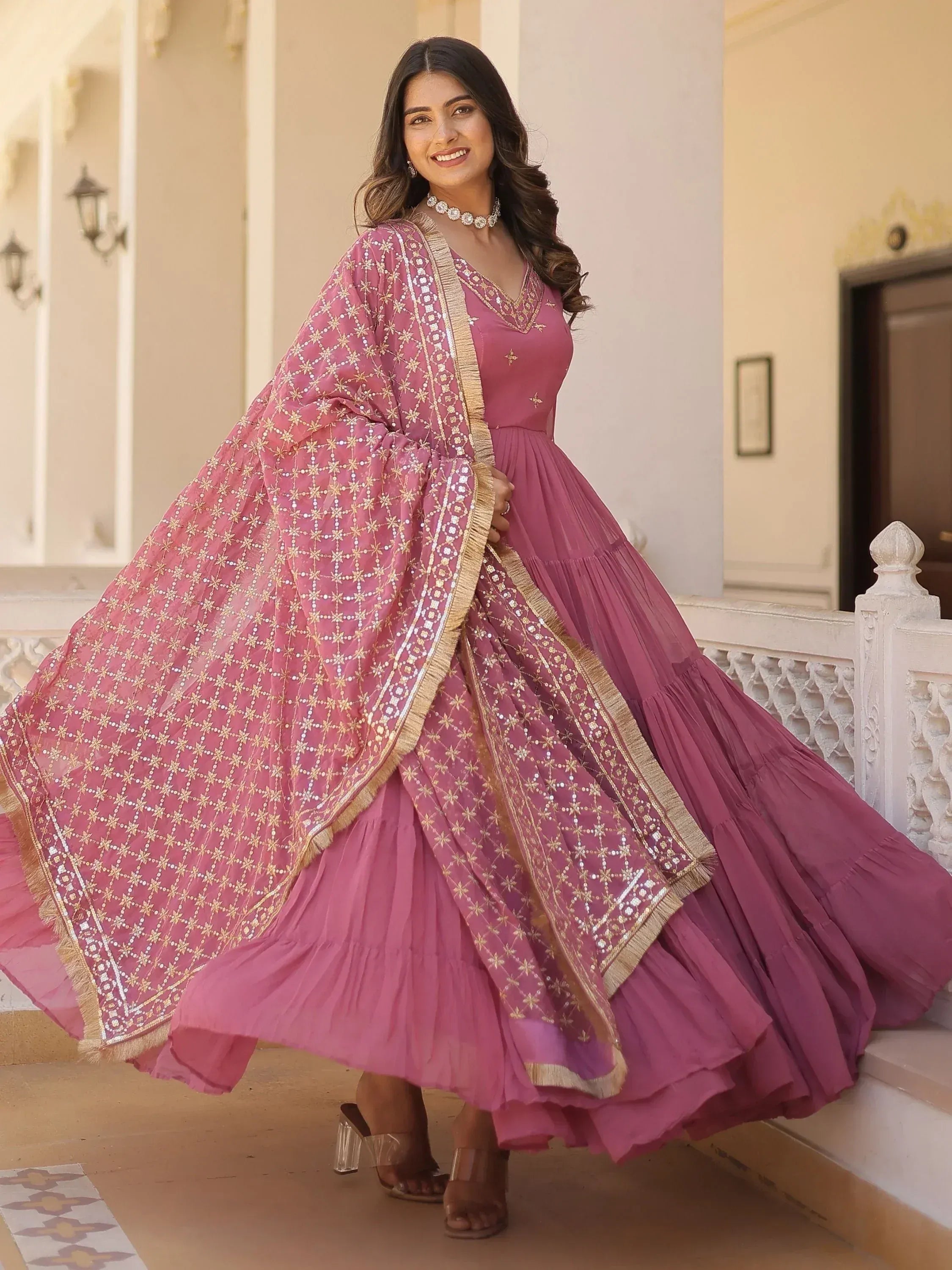 Pink embroidered anarkali gown with gold mirror work and dupatta, perfect for Indian ethnic occasions