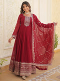 Glamorous Maroon Sequins Georgette Wedding Wear Gown With Dupatta