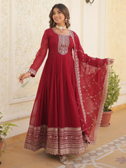 Glamorous Maroon Sequins Georgette Wedding Wear Gown With Dupatta