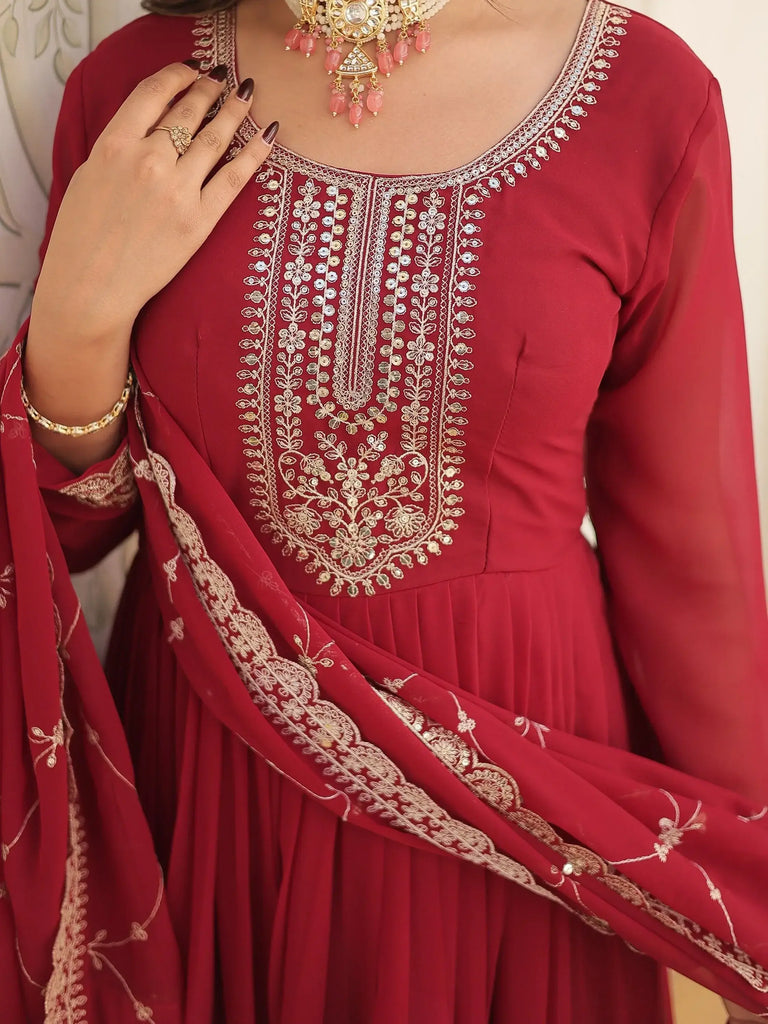 Glamorous Maroon Sequins Georgette Wedding Wear Gown With Dupatta