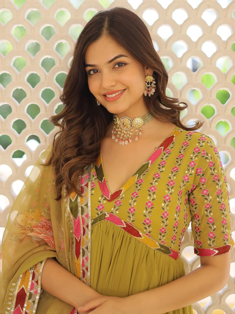 Awesome Lime Green Embroidery Georgette Mehendi Wear Gown