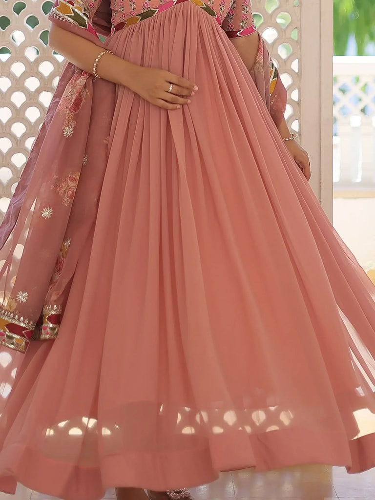 Fabulous Peach Embroidery Georgette Sangeet Wear Gown With Dupatta