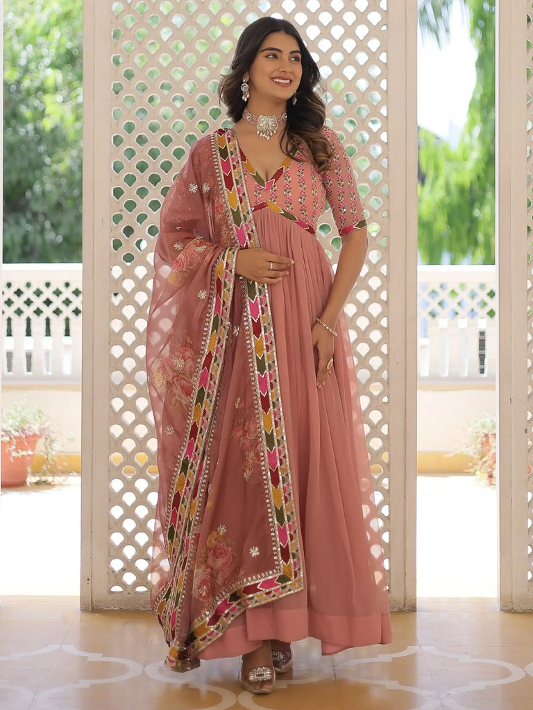Fabulous Peach Embroidery Georgette Sangeet Wear Gown With Dupatta
