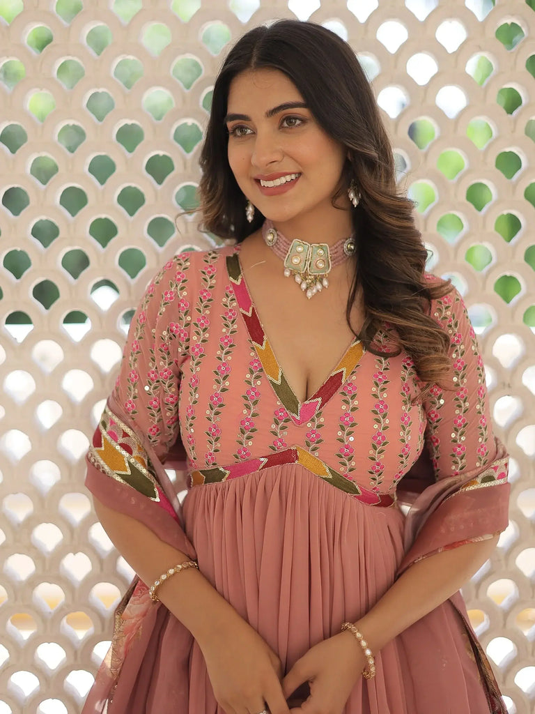 Fabulous Peach Embroidery Georgette Sangeet Wear Gown With Dupatta