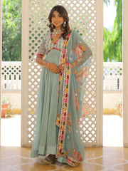 Pretty Sky-Blue Embroidery Georgette Function Wear Gown With Dupatta