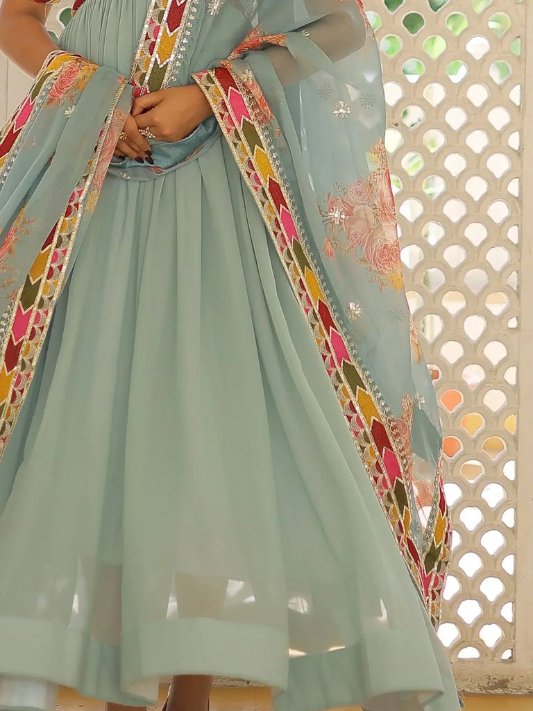 Pretty Sky-Blue Embroidery Georgette Function Wear Gown With Dupatta