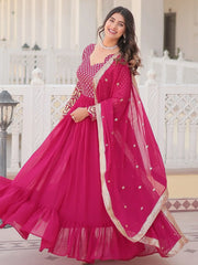 Beautiful Rani Pink Sequins Georgette Designer Gown With Dupatta