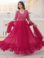 Beautiful Rani Pink Sequins Georgette Designer Gown With Dupatta