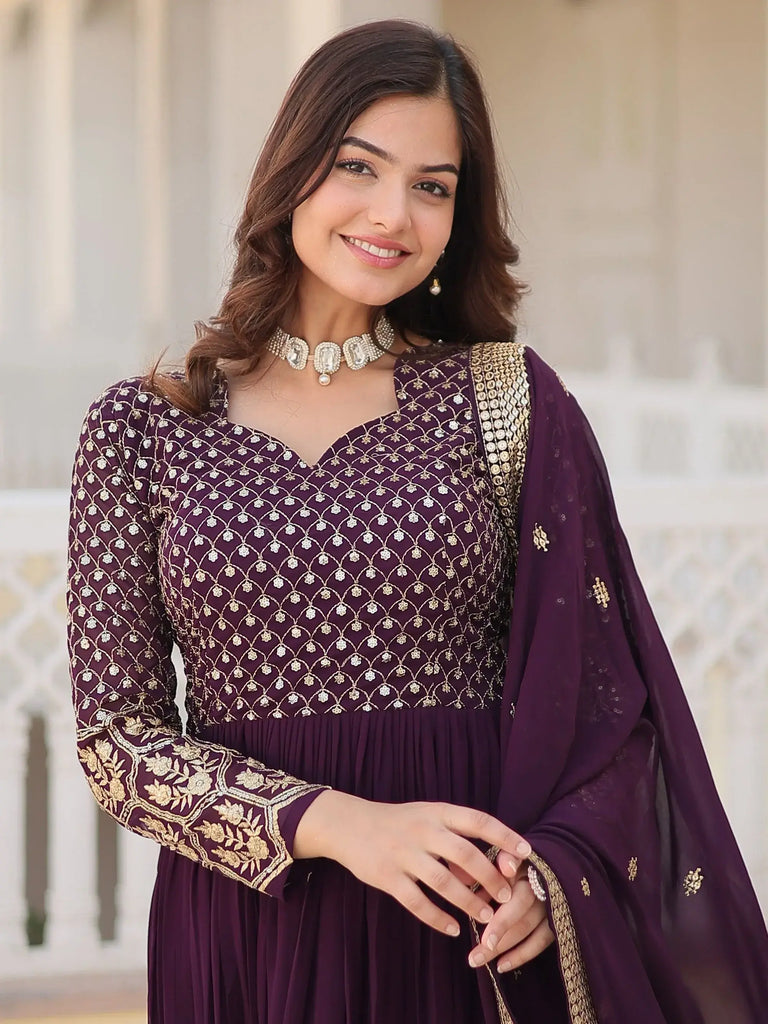 Attractive Wine Sequins Georgette Festival Wear Gown With Dupatta