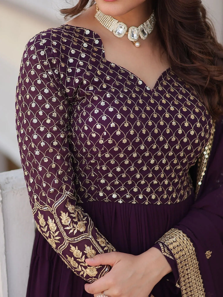 Attractive Wine Sequins Georgette Festival Wear Gown With Dupatta