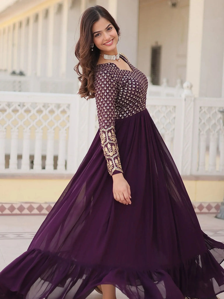 Attractive Wine Sequins Georgette Festival Wear Gown With Dupatta