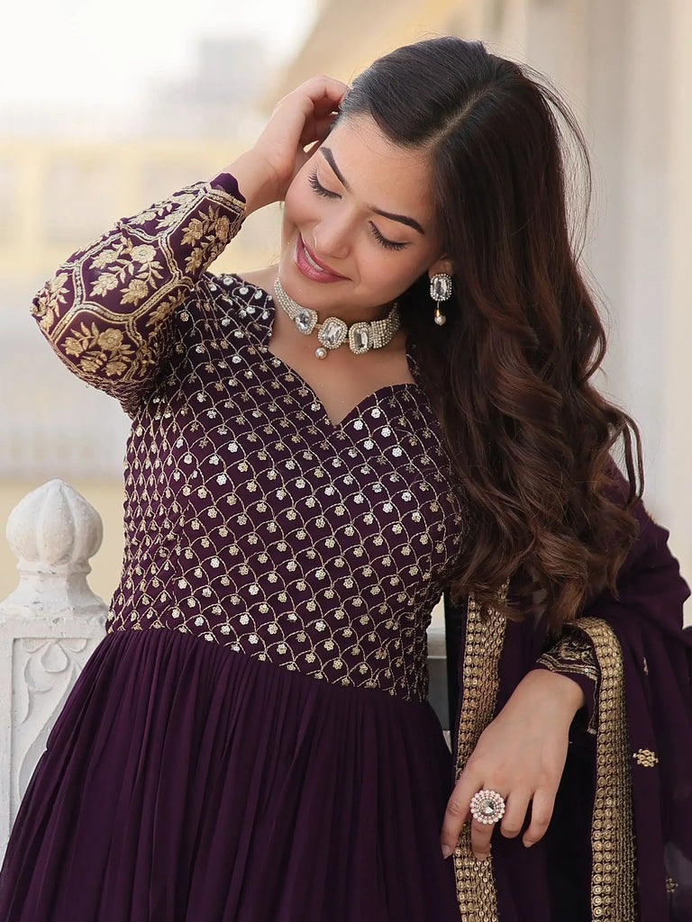 Attractive Wine Sequins Georgette Festival Wear Gown With Dupatta