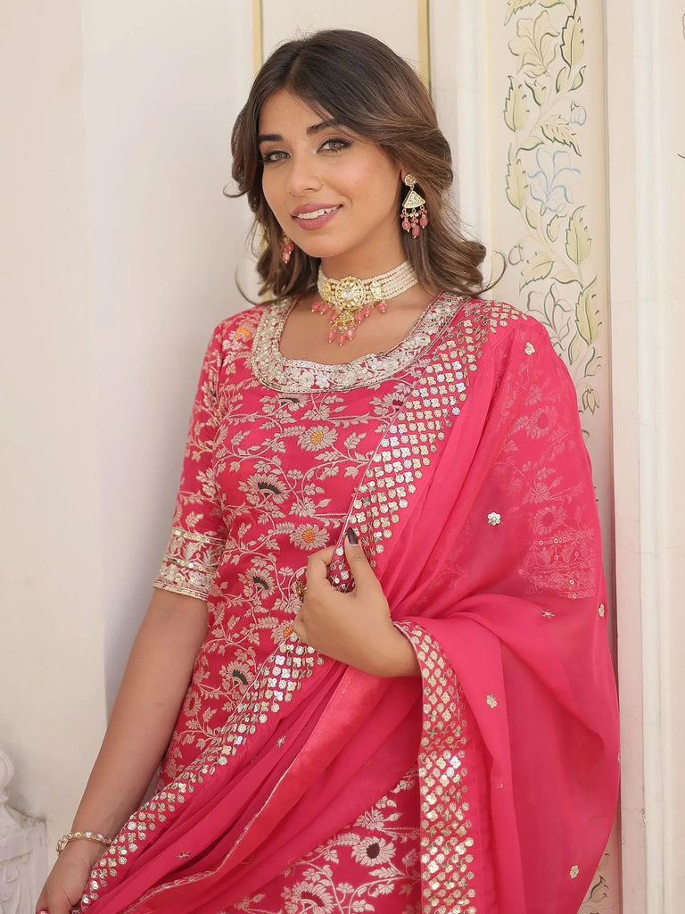 Bewitching Rani Pink Embroidered Jacquard Designer Sharara Suit