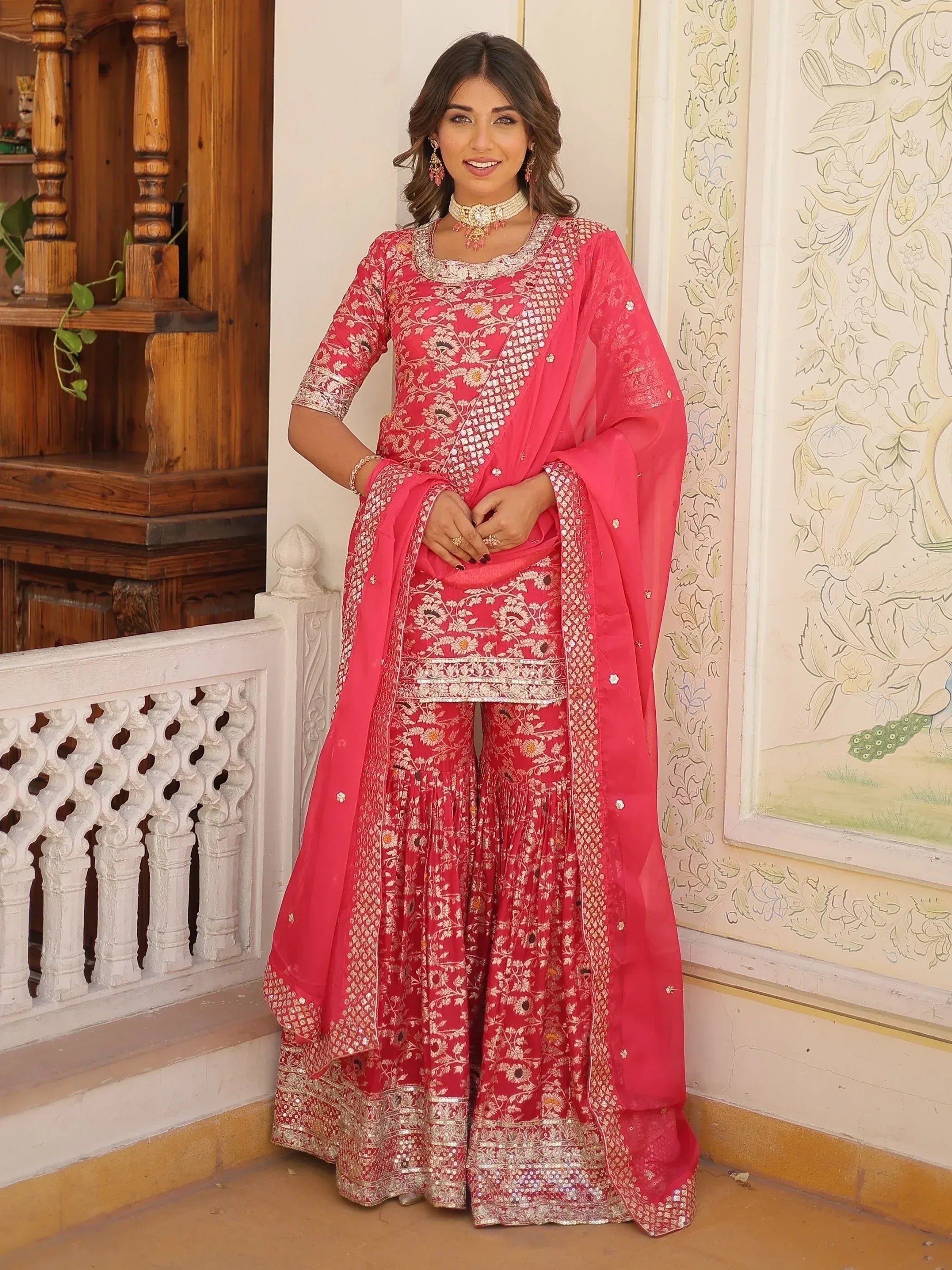 Pink floral embroidered Indian salwar kameez with dupatta, perfect for weddings and festive occasions
