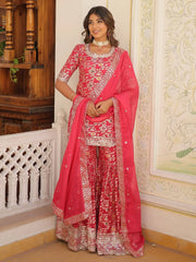 Bewitching Rani Pink Embroidered Jacquard Designer Sharara Suit
