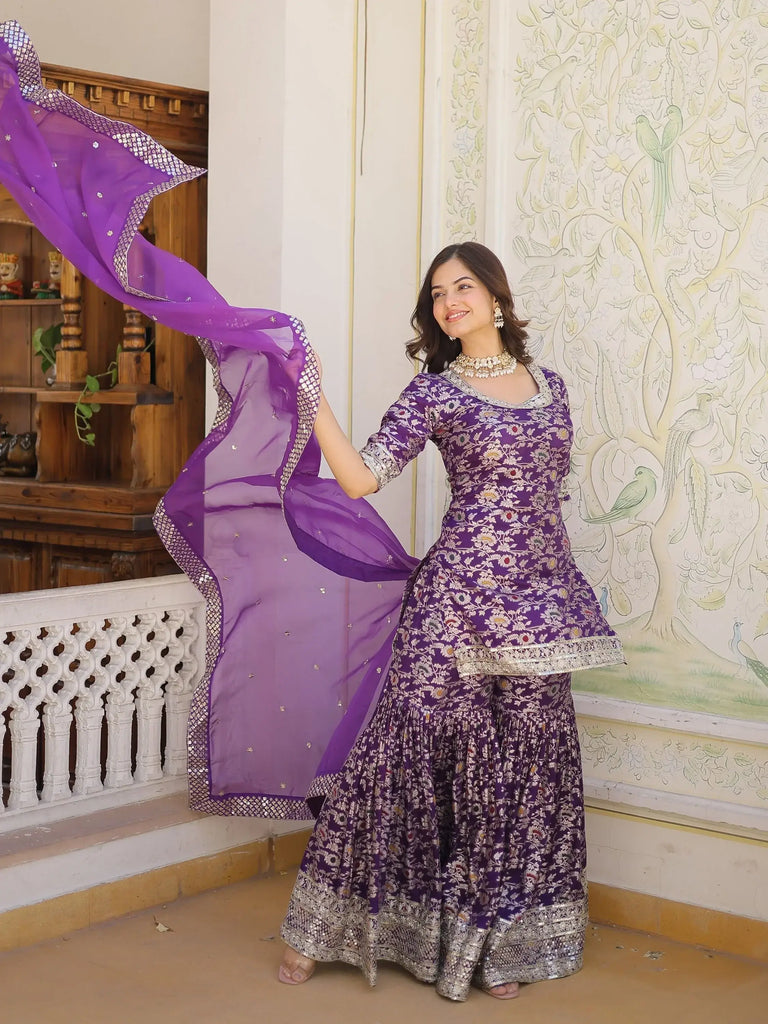 Captivating Purple Embroidered Jacquard Reception Wear Sharara Suit