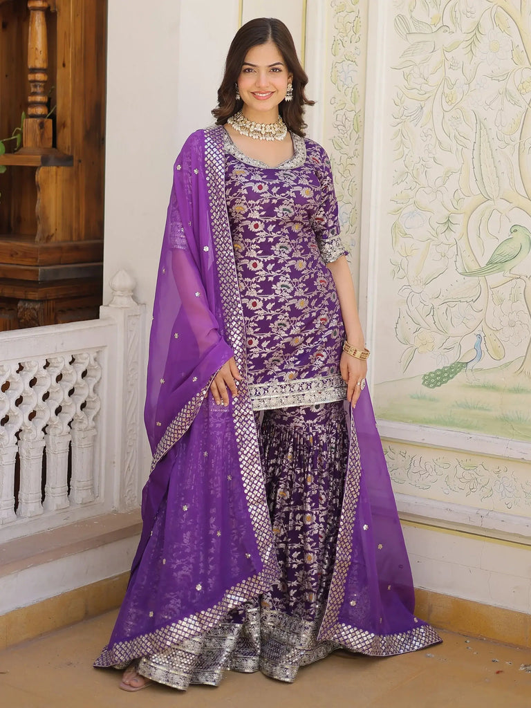 Captivating Purple Embroidered Jacquard Reception Wear Sharara Suit
