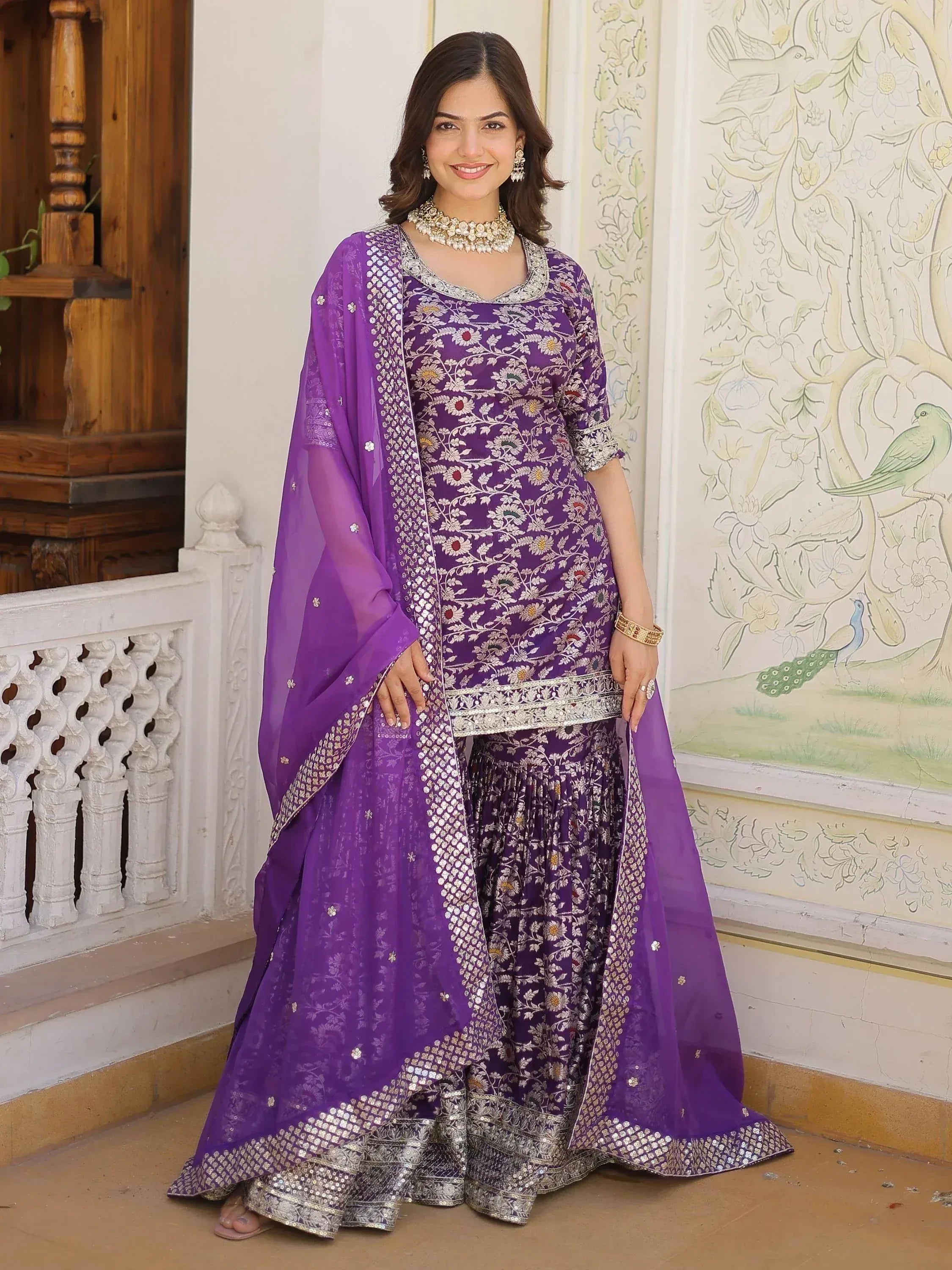Purple floral embroidered Indian salwar kameez with dupatta, perfect for festive occasions and weddings