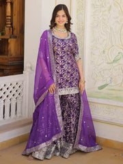 Captivating Purple Embroidered Jacquard Reception Wear Sharara Suit