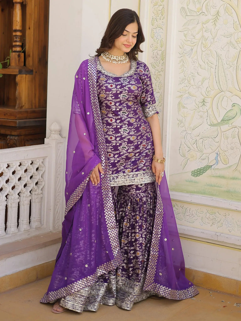 Captivating Purple Embroidered Jacquard Reception Wear Sharara Suit
