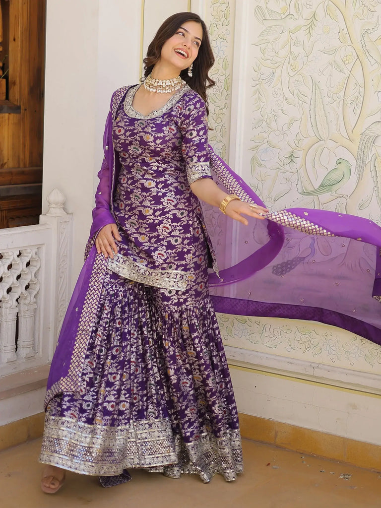 Captivating Purple Embroidered Jacquard Reception Wear Sharara Suit