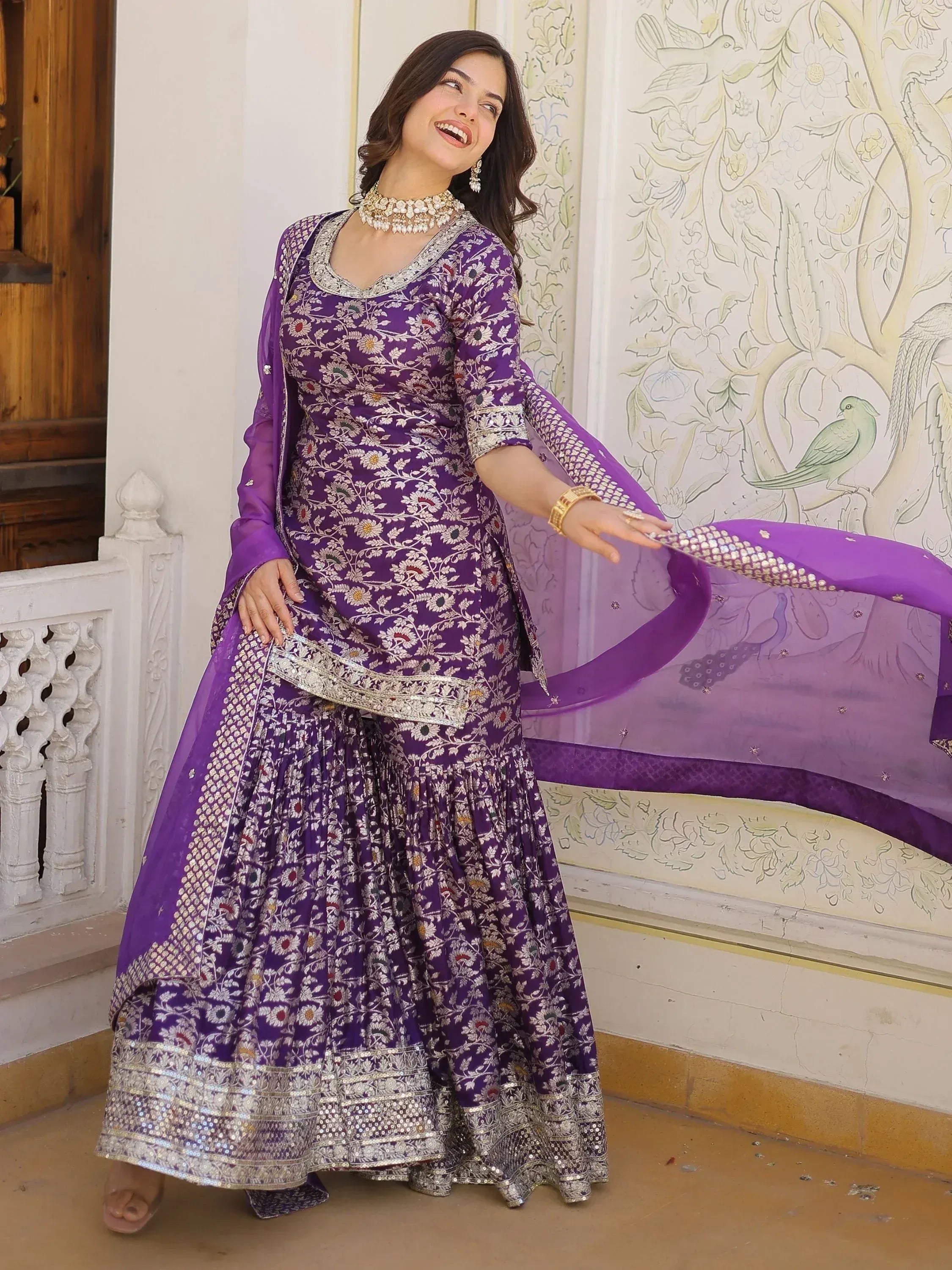 Purple floral embroidered lehenga choli with dupatta, Indian ethnic wear for weddings and parties