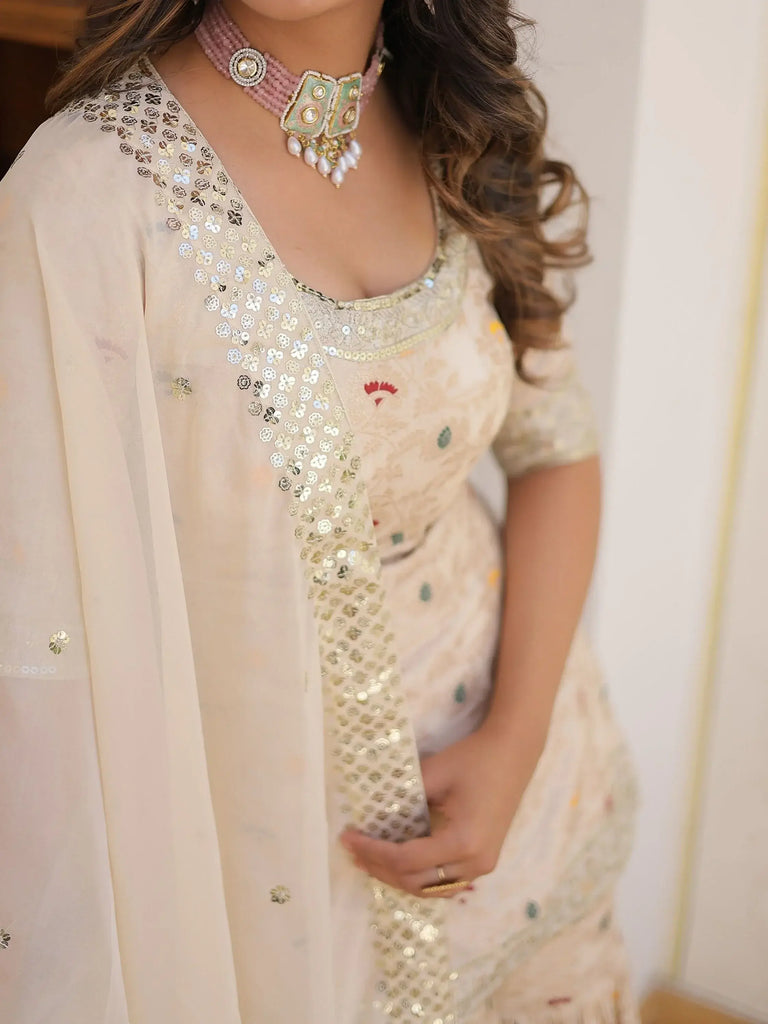 Glamorous Off-White Embroidered Jacquard Function Wear Sharara Suit