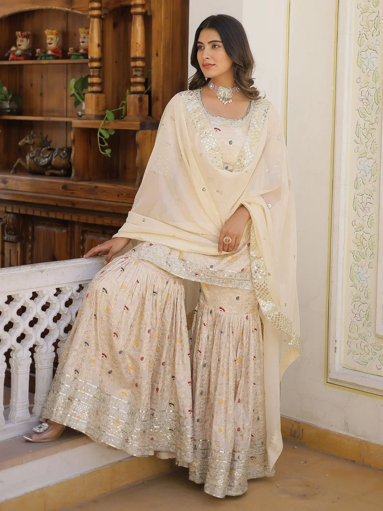 Glamorous Off-White Embroidered Jacquard Function Wear Sharara Suit