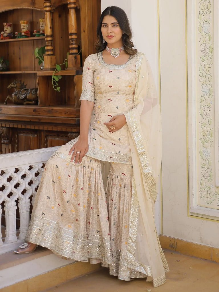 Glamorous Off-White Embroidered Jacquard Function Wear Sharara Suit
