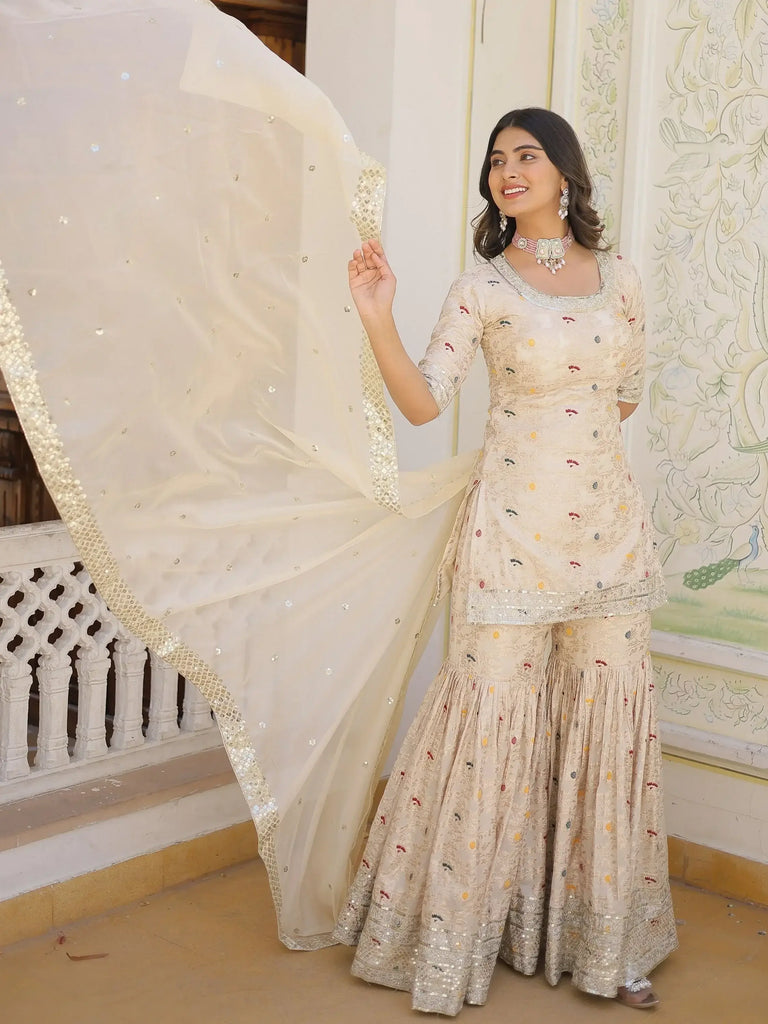 Glamorous Off-White Embroidered Jacquard Function Wear Sharara Suit