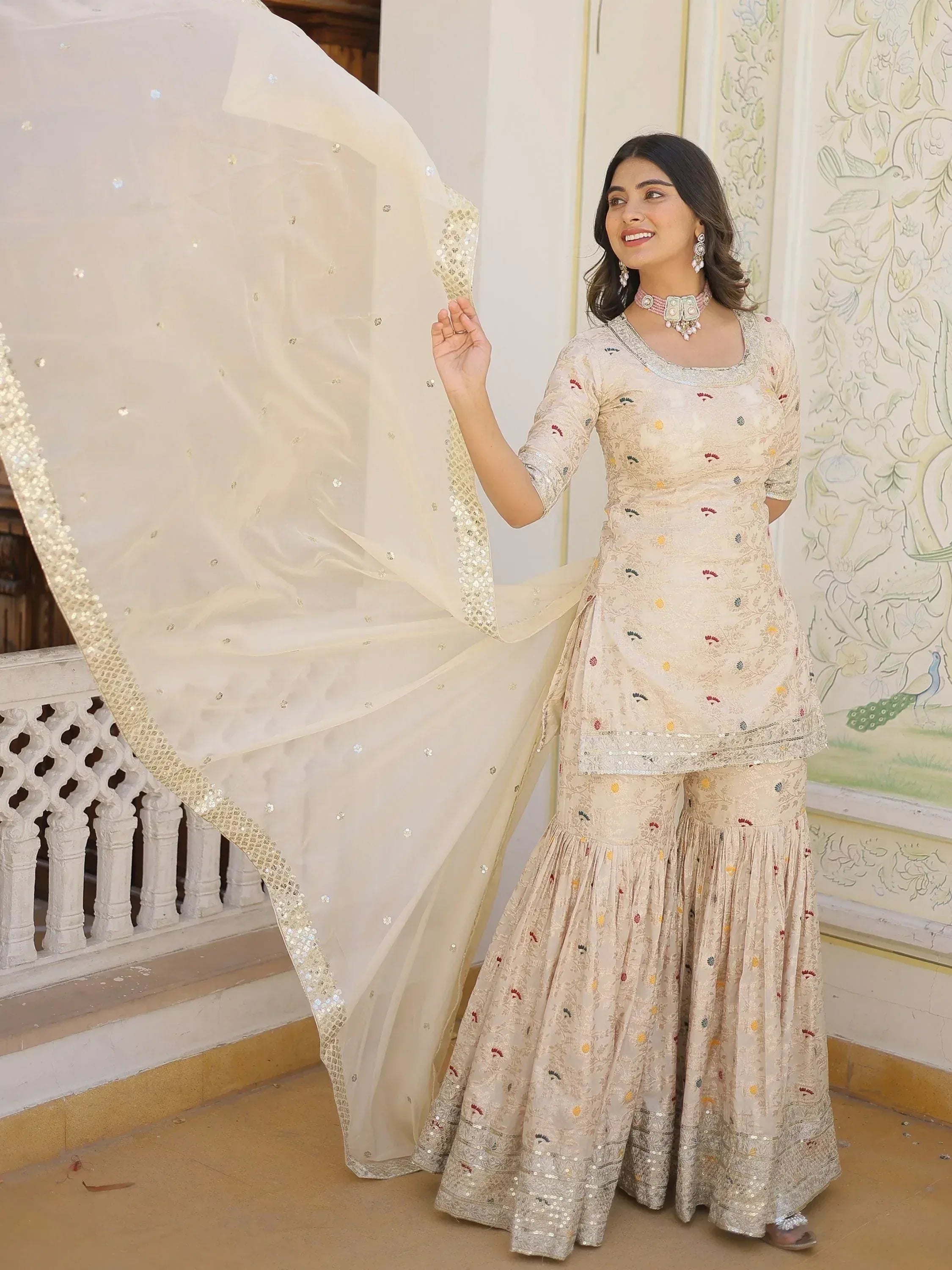 Cream embroidered salwar kameez with sequin dupatta, Indian ethnic wear for women