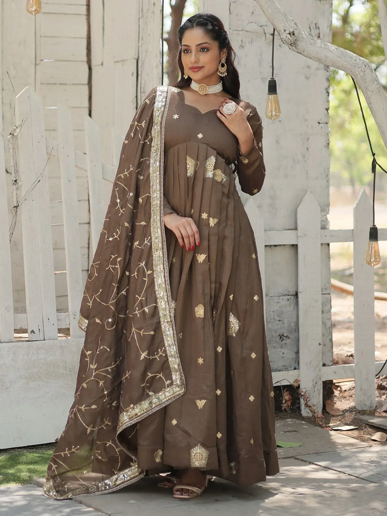 Brown embroidered anarkali suit with gold detailing, perfect for Indian ethnic wear occasions