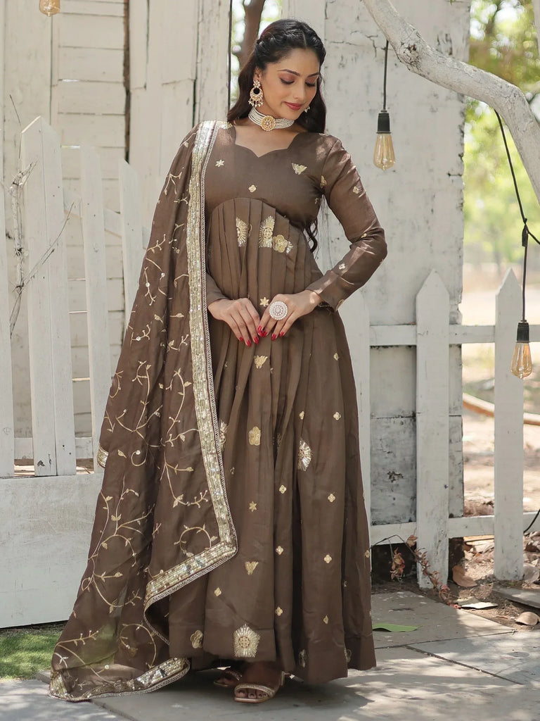 Brown embroidered anarkali suit with gold detailing, perfect for Indian ethnic wear occasions