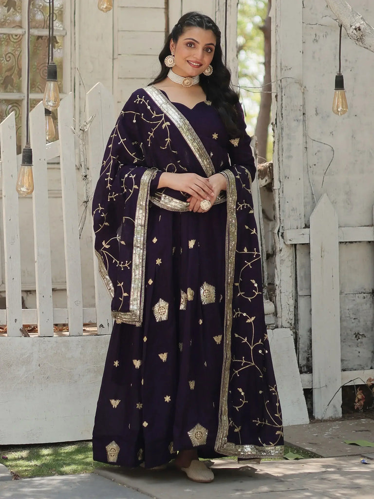 Stunning Purple Embroidered Silk Wedding Wear Gown With Dupatta