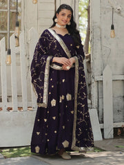 Stunning Purple Embroidered Silk Wedding Wear Gown With Dupatta