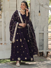 Stunning Purple Embroidered Silk Wedding Wear Gown With Dupatta