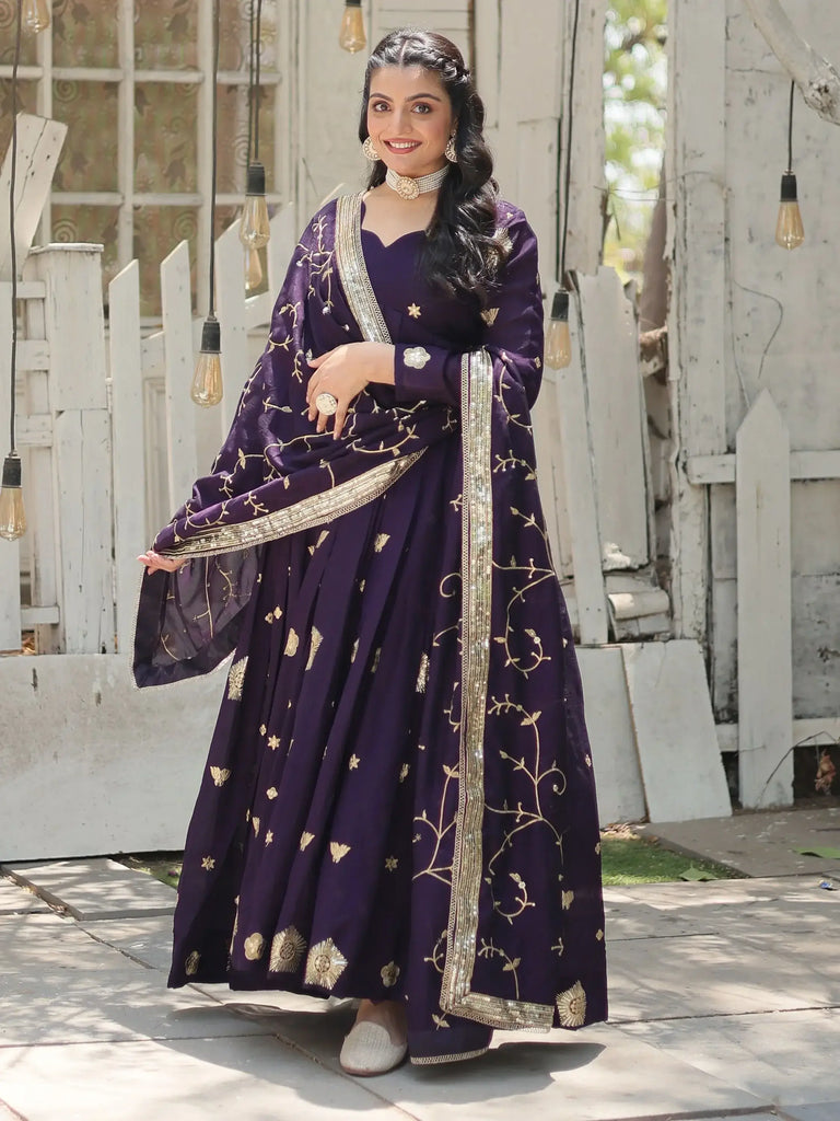 Stunning Purple Embroidered Silk Wedding Wear Gown With Dupatta