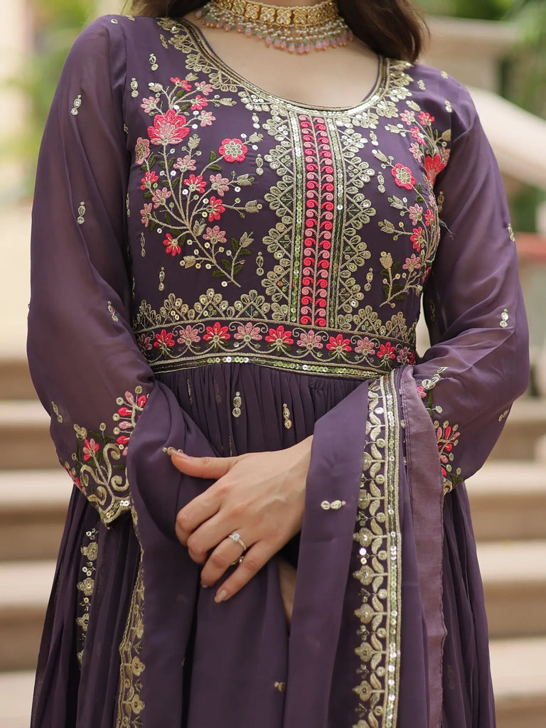 Charming Purple Georgette Wedding Wear Anarkali Suit With Sharara