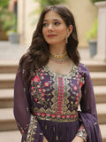 Charming Purple Georgette Wedding Wear Anarkali Suit With Sharara
