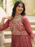 Adorable Brown Embroidered Georgette Anarkali Suit With Sharara