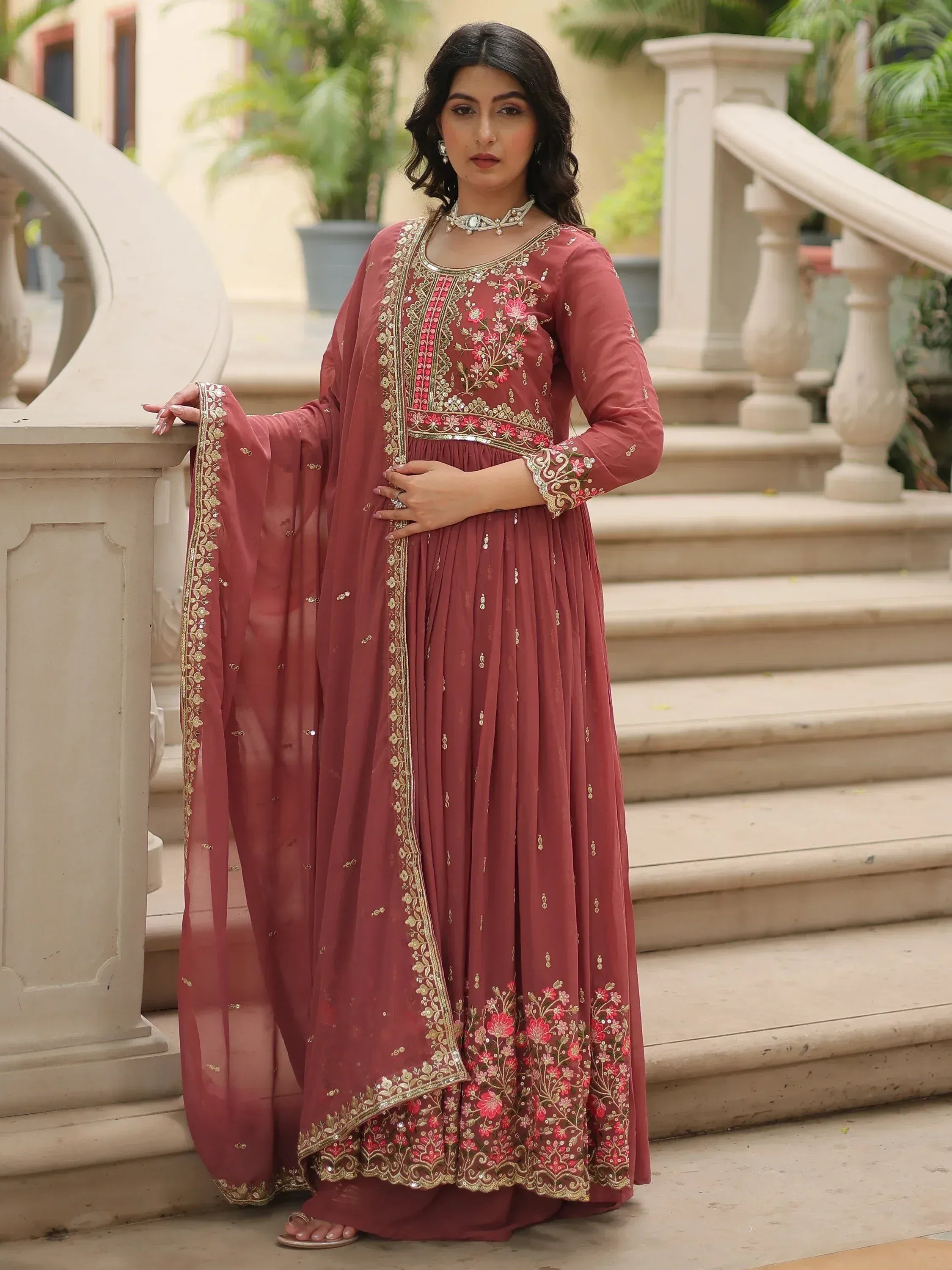 Dusty rose embroidered anarkali suit with floral gold detailing, perfect for Indian ethnic occasions.