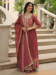 Adorable Brown Embroidered Georgette Anarkali Suit With Sharara