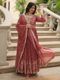 Adorable Brown Embroidered Georgette Anarkali Suit With Sharara