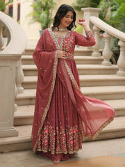 Adorable Brown Embroidered Georgette Anarkali Suit With Sharara