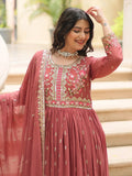 Adorable Brown Embroidered Georgette Anarkali Suit With Sharara