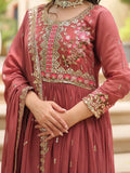Adorable Brown Embroidered Georgette Anarkali Suit With Sharara