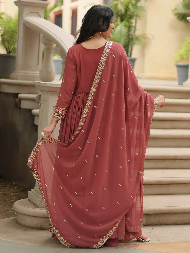 Adorable Brown Embroidered Georgette Anarkali Suit With Sharara