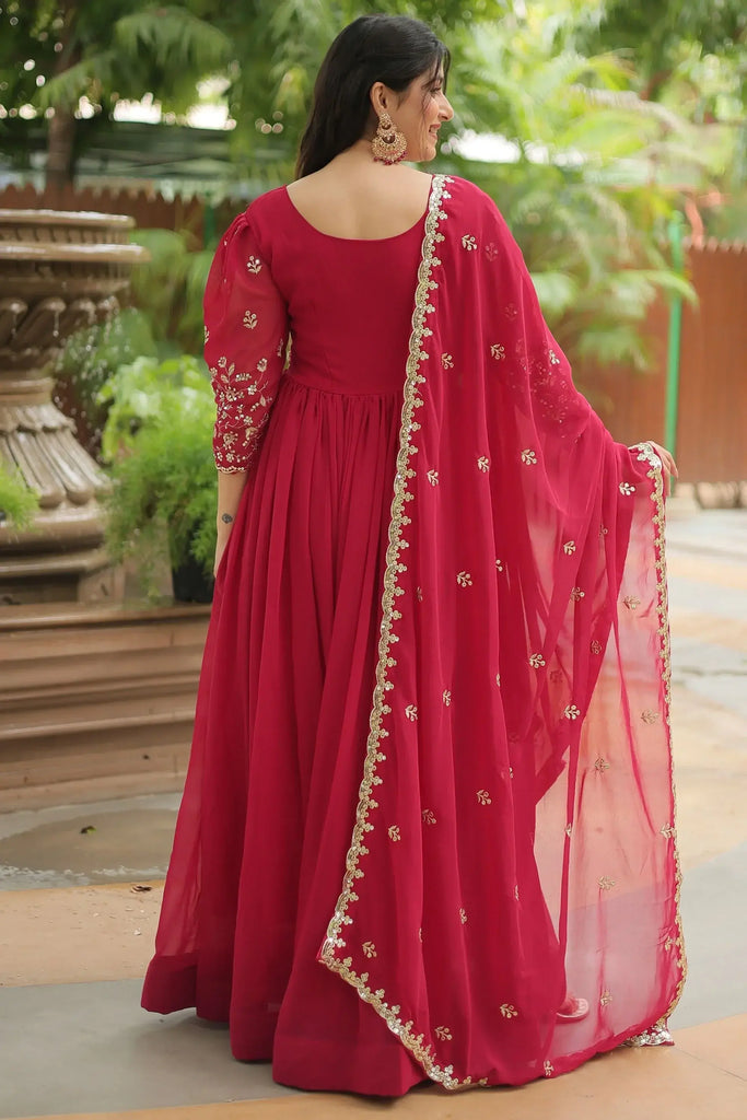 Gorgeous Pink Embroidered Georgette Festival Wear Gown With Dupatta