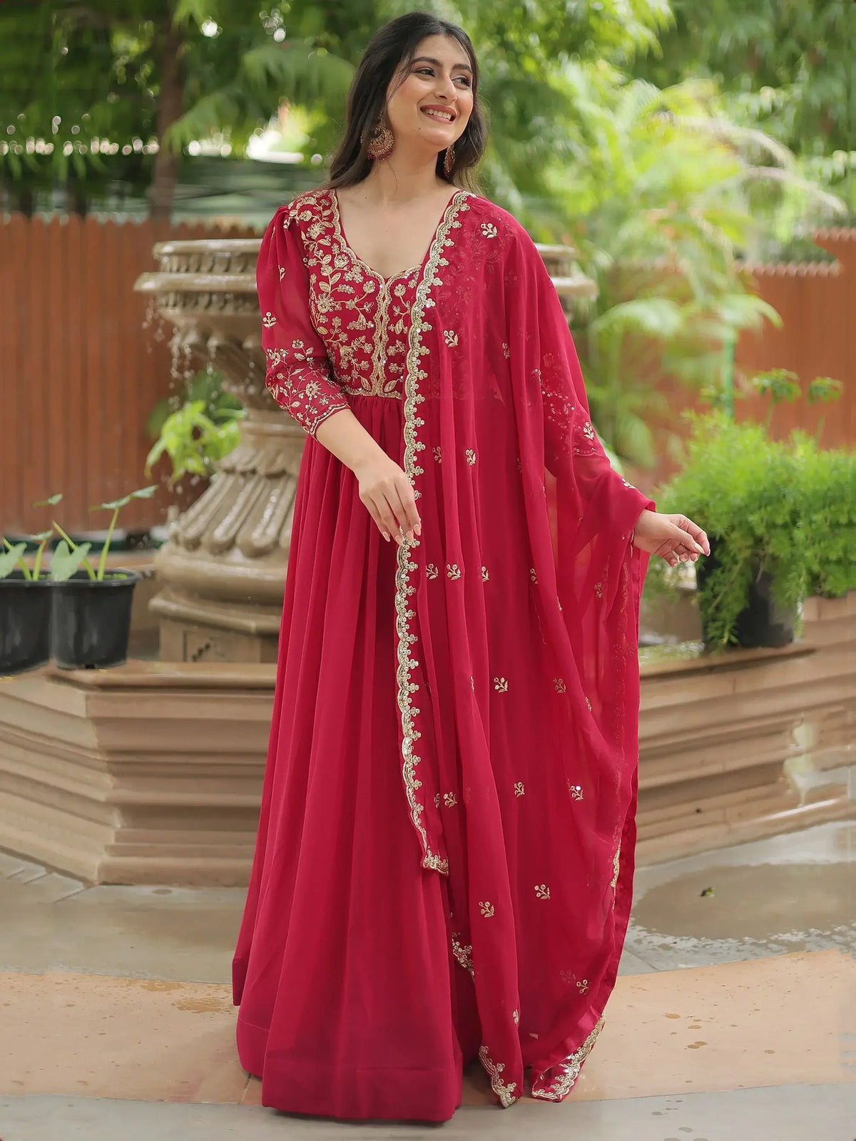 Gorgeous Pink Embroidered Georgette Festival Wear Gown With Dupatta